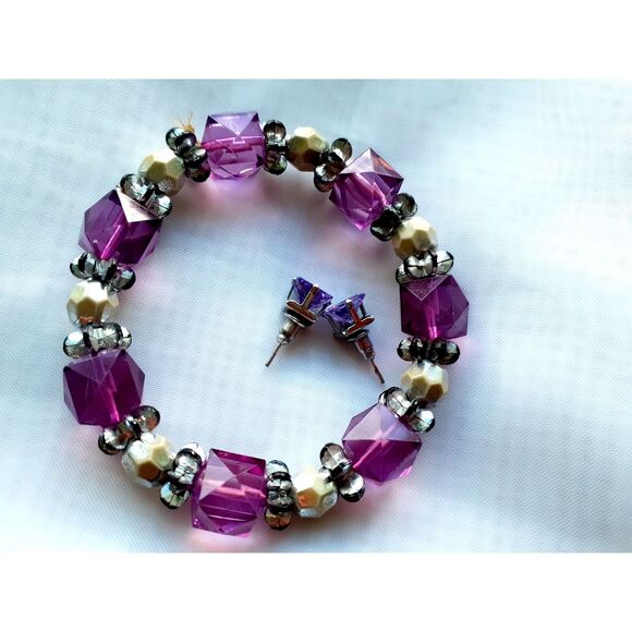 Womens Handcrafted  Purple Crystal Silver Beads Bracelet & Stud Earrings Set - Picture 3 of 10
